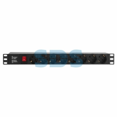 Блок розеток 19", 1U, 16А, 8 розеток, корпус пластик, без шнура питания 04-0307