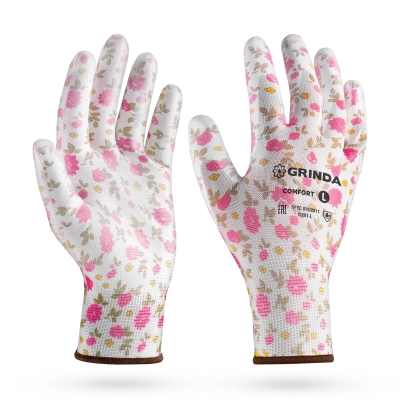 GRINDA COMFORT, L (9), садовые перчатки с прозрачным полиуретановым покрытием, розовые, 13 класс (11291-L)