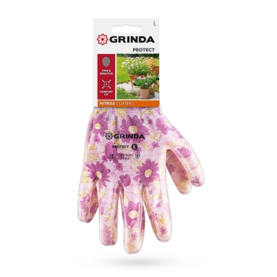 GRINDA PROTECT, L (9), садовые перчатки с прозрачным нитриловым покрытием, фиолетовые, 13 класс (11295-L)