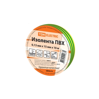 Изолента ПВХ 0,13*15мм Желто-Зеленая 10м TDM (кр.10шт) [SQ0526-0027]