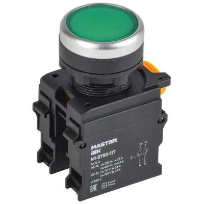 Кнопка с фиксацией d=22мм 1NO+1NC зел-ная MASTER MI-BT60-11T-3-21-K06