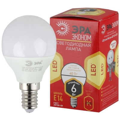 Лампочка светодиодная ЭРА RED LINE ECO LED P45-6W-827-E14 E14 / Е14 6Вт шар теплый белый свет(кр.1шт)
