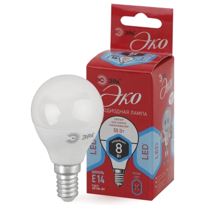 Лампочка светодиодная ЭРА RED LINE ECO LED P45-8W-840-E14 E14 / Е14 8Вт шар нейтральный белый свет(кр.1шт)