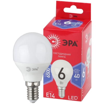 Лампочка светодиодная ЭРА RED LINE LED P45-6W-865-E14 R E14 / Е14 6Вт шар холодный дневной свет(кр.1шт)