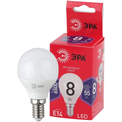 Лампочка светодиодная ЭРА RED LINE LED P45-8W-865-E14 R E14 / Е14 8Вт шар холодный дневной свет(кр.1шт)