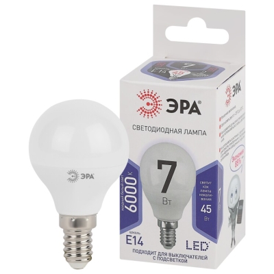 Лампочка светодиодная ЭРА STD LED P45-7W-860-E14 E14 / Е14 7Вт шар холодный дневной свет(кр.1шт)