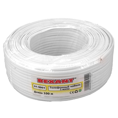 Телефонный кабель ШТЛП 2 жилы CU, 100м, белый