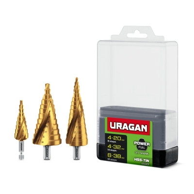 URAGAN 3 шт, 4-38мм, винтовая спираль, набор сверл ступенчатых (29658-4-38-H3)