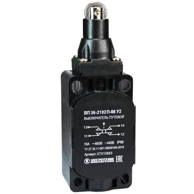 ВП 36-2102П-66 У2 (XCKS102H29),толкатель с роликом,1з+1р,мгнов.,30х60 мм,б/сальника,3А,IP66 (ЭТ)
