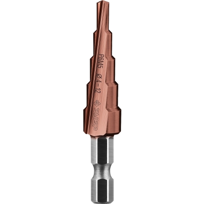 ЗУБР Кобальт, 4-12 мм, 5 ступеней, сталь Р6М5, кобальтовое покрытие, ступенчатое сверло, Профессионал (29672-4-12-5)