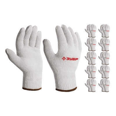 ЗУБР ОПТИМА, L-XL, х/б перчатки без покрытия, 10 класс, 10 пар (11446-XL10)
